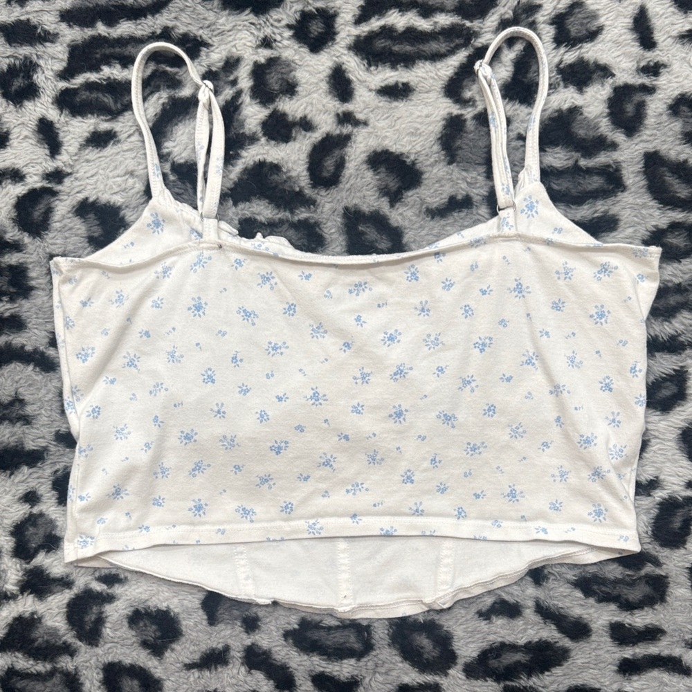 Hollister White Cami Top With Micro Ruffles and Blue Floral Print - Picture 5 of 5